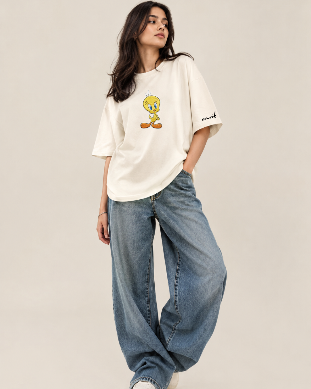 Tweety Charm Women's Embroidered Oversized Tee