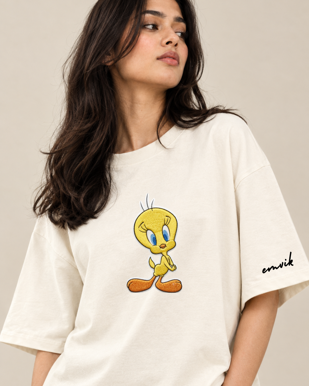 Tweety Charm Women's Embroidered Oversized Tee