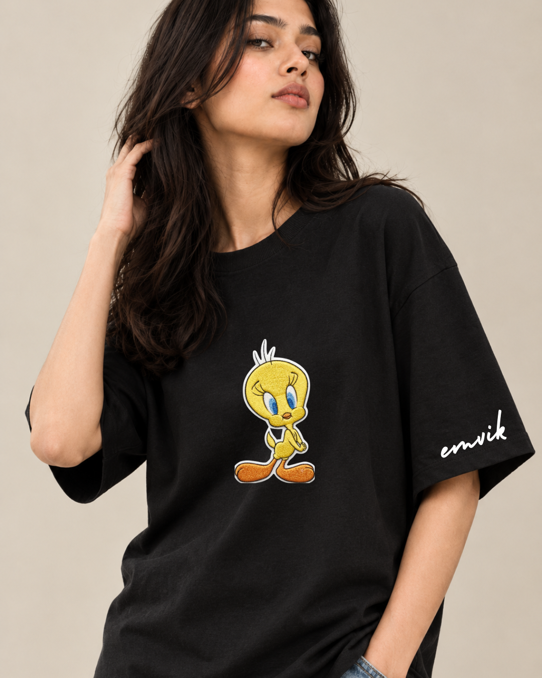 Tweety Charm Women's Embroidered Oversized Tee
