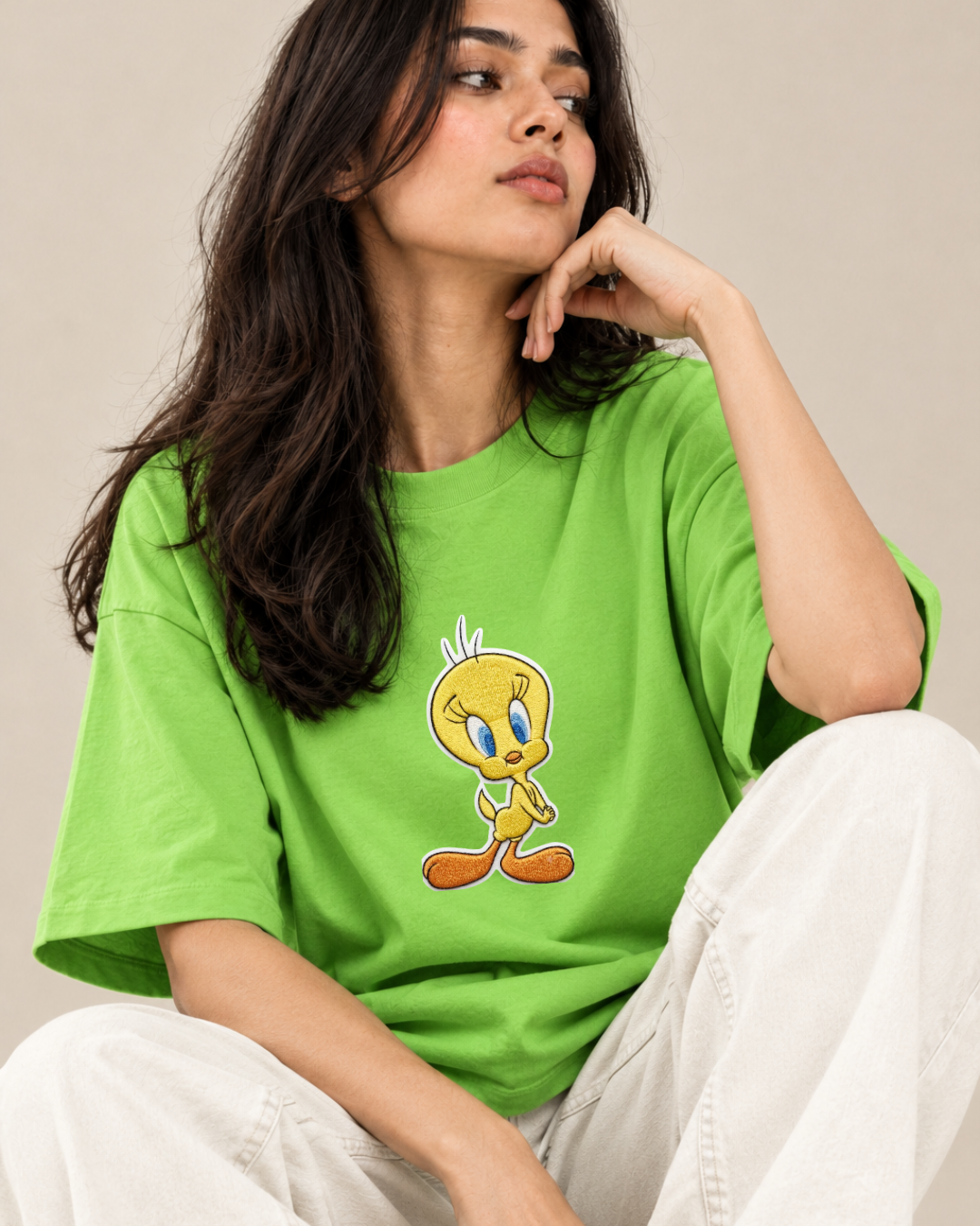 Tweety Charm Women's Embroidered Oversized Tee
