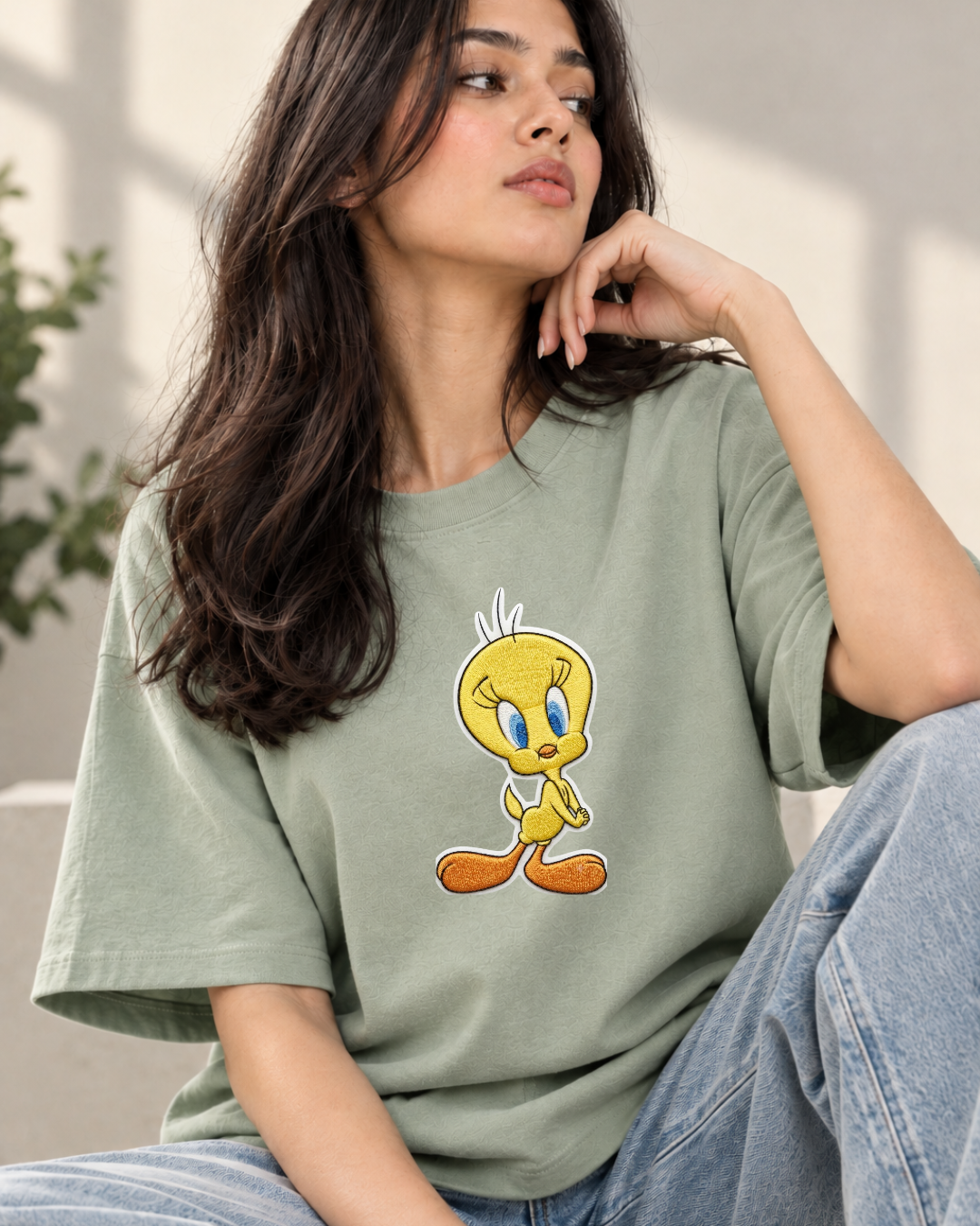 Tweety Charm Women's Embroidered Oversized Tee