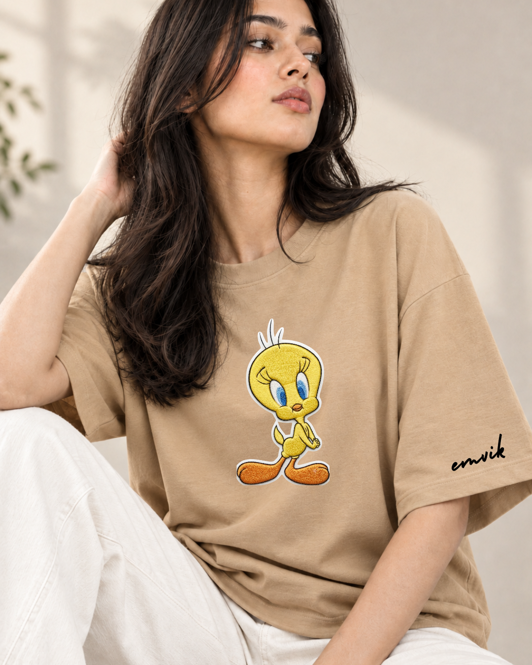 Tweety Charm Women's Embroidered Oversized Tee