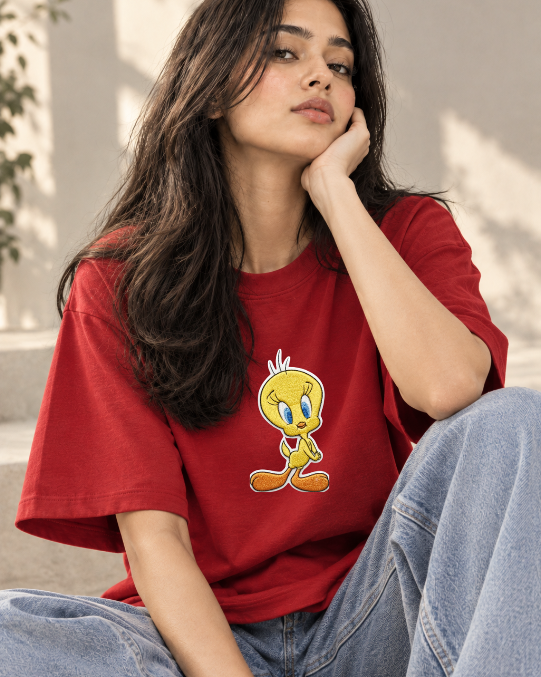 Tweety Charm Women's Embroidered Oversized Tee